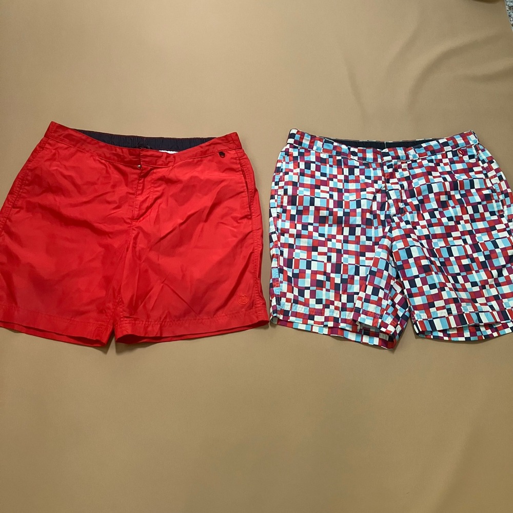 Lot of 2 Lands' End Mens Swim Trunks Board Shorts 35 Red Geometric Print